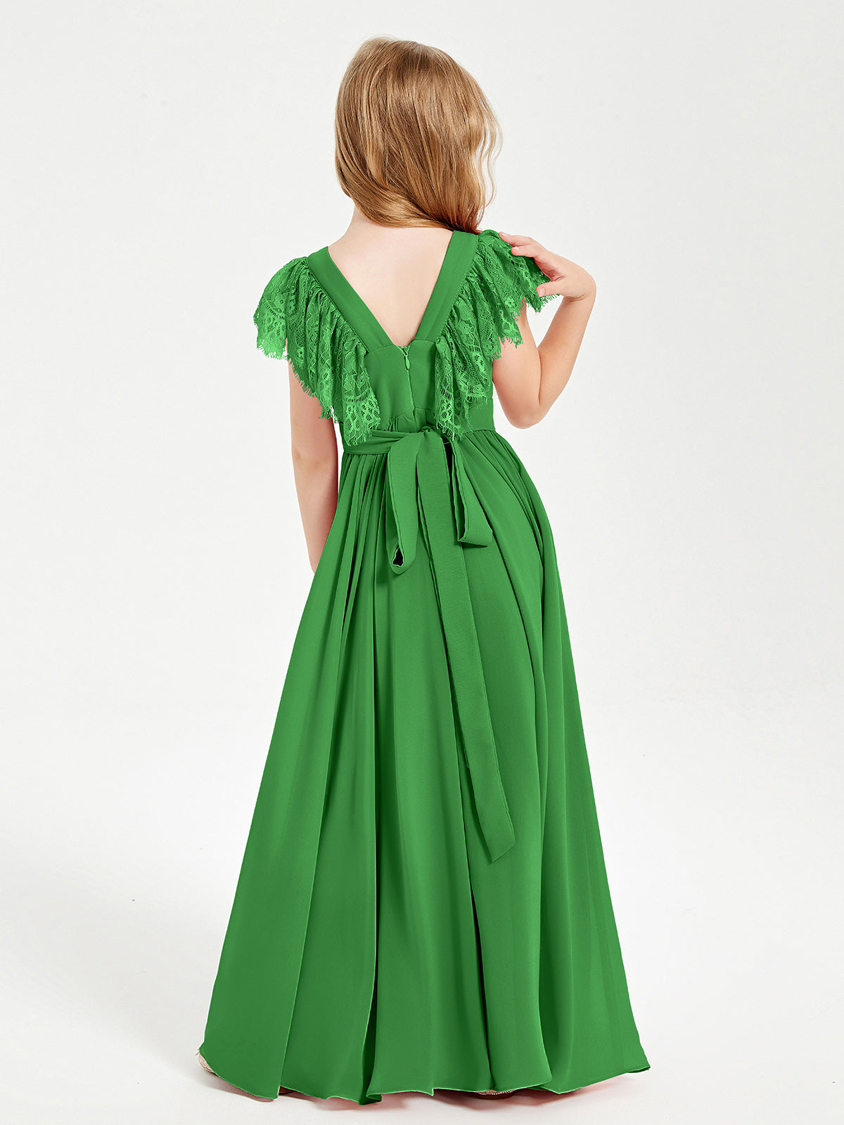 Chiffon Junior Bridesmaid Dresses with Lace Flutter Sleeves Green